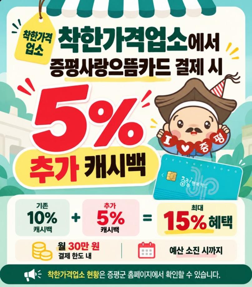 증평군, 착한가격업소 이용 시 5% 추가 캐시백 지원