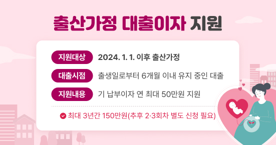 출산가정 대출이자 지원
 ○ 지원대상 : 2024. 1. 1. 이후 출산가정  
 ○ 대출시점 : 출생일로부터 6개월 이내 유지 중인 대출
 ○ 지원내용 : 기 납부이자 연 최대 50만원 지원
  - 최대 3년간 150만원(추후 2·3회차 별도 신청 필요)