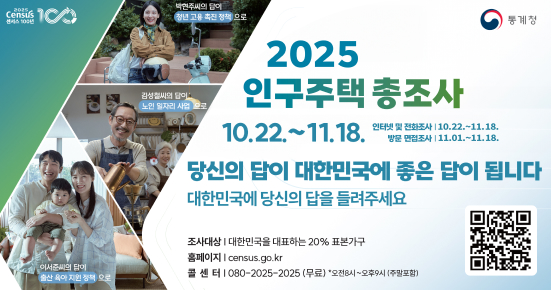 2025인구주택총조사
10.22.~11.18.
인터넷 및 전화조사 10.22.~11.18.
방문 면접조사 11.01.~11.18.
통계청
당신의 답이 대한민국에 좋은 답이 됩니다
대한민국에 당신의 답을 들려주세요
조사대상 | 대한민국을 대표하는 20% 표본가구
홈페이지 census.go.kr
출산 육아지원정책으로
콜센터 080-2025-2025 (무료) 오전8시~오후9시 (주말포함)