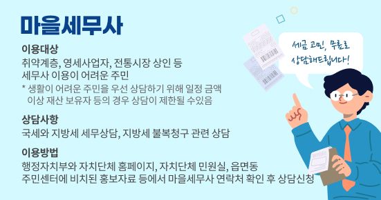 마을세무사. 세금 고민, 무료로 상담해드립니다!
이용대상 : 취약계층, 영세사업자, 전통시장 상인 등 세무사 이용이 어려운 주민 *생활이 어려운 주민을 우선 상담하기 위해 일정 금액 이상 재산 보유자 등의 경우 상담이 제한될 수 있음.
상담사항 : 국세와 지방세 세무상담, 지방세 불복청구 관련 상담
이용방법 : 행정자치부와 자치단체 홈페이지, 자치단체 민원실, 읍면동 주민센터에 비치된 홍보자료 등에서 마을세무사 연락처 확인 후 상담신청