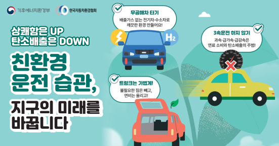 상쾌함은 up 탄소배출은 down 친환경 운전 습관, 지구의 미래를 바꿉니다 무공해차 타기 배출가스 없는 전기차 수소차로 깨끗한 환경 만들어요! 트렁크는 가볍게! 불필요한 짐은 빼고, 연비는 올리고! 3속 운전 하지 않기 과속 급가속 급감속은 연료 소비와 탄소배출의 주범!