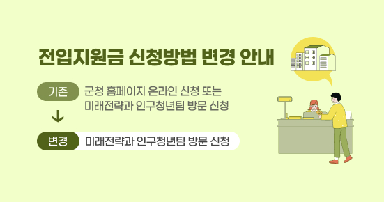 전입지원금 신청방법 변경 안내

 ○ (기존) 군청 홈페이지 온라인 신청 또는 미래전략과 인구청년팀 방문 신청
  → (변경) 미래전략과 인구청년팀 방문 신청